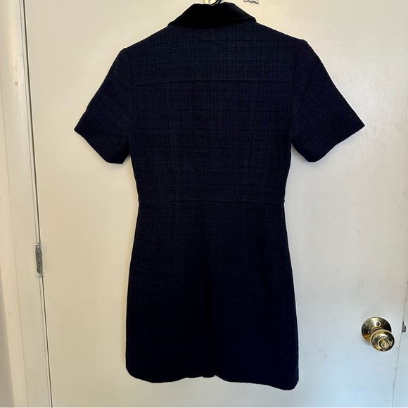 Sandro Italie Short Navy Blue Tweed Dress With Velvet Collar - Picture 7 of 8